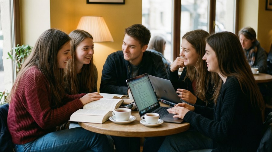 Sekelompok siswa belajar bersama di kafe yang nyaman.