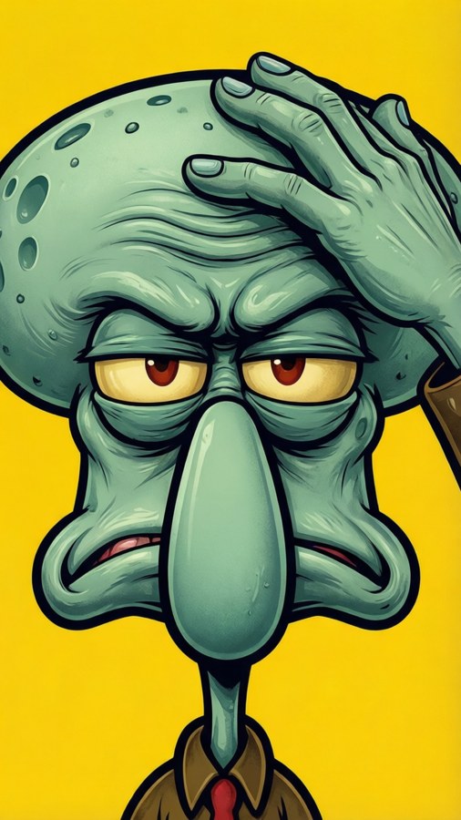 Minimalist vector portrait of grumpy Squidward on yellow background