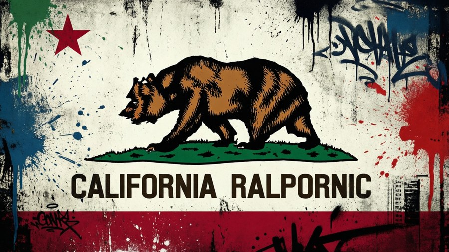 An edgy grunge version of the California flag with paint splatters.