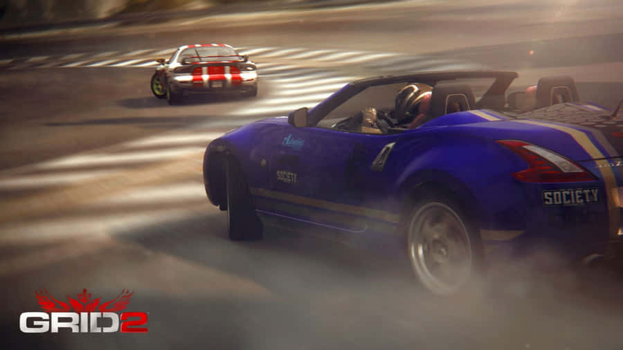 Papelde parede em HD Grid 2 com fundo cinza e carros de corrida azuis driftando.