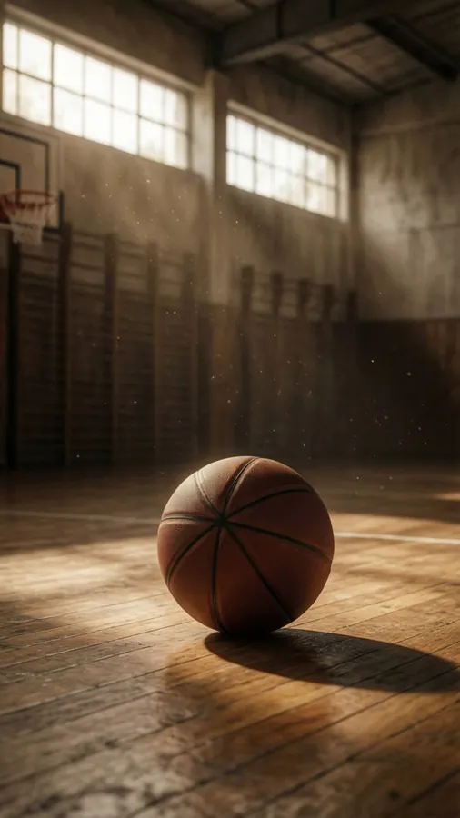Solitary basketball on a wooden floor bathed in sunlight and nostalgia.
