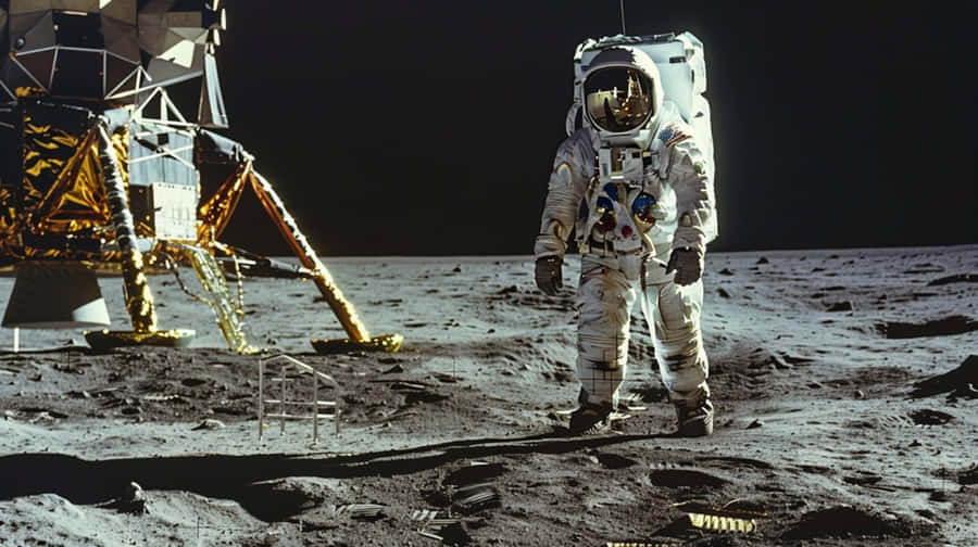 Astronauta Vicino al Modulo Lunare sulla Luna