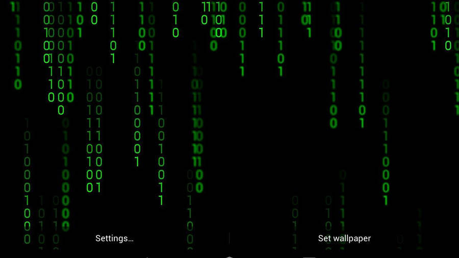 Hacker wallpaper of a green binary code floating in black screen.
