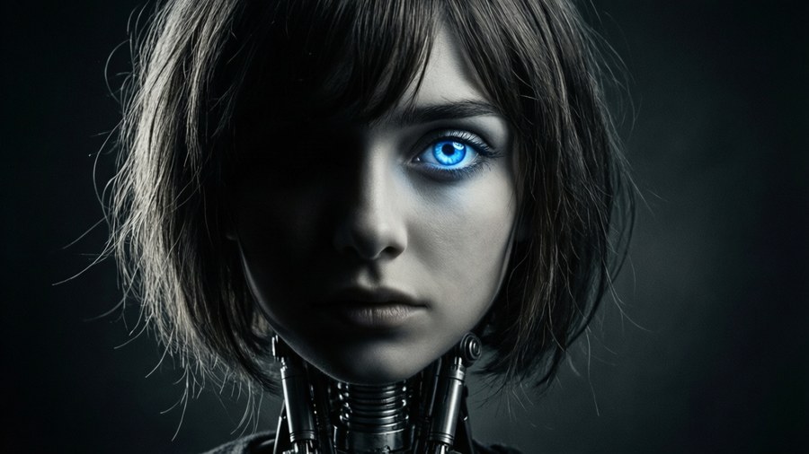 Close-up of Ava's face half in shadow with one glowing eye