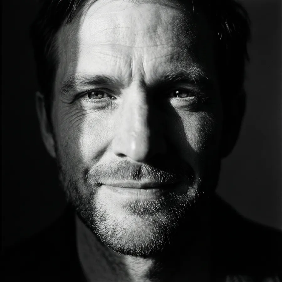 A black and white portrait with half shadow, high contrast, artistic minimalism.