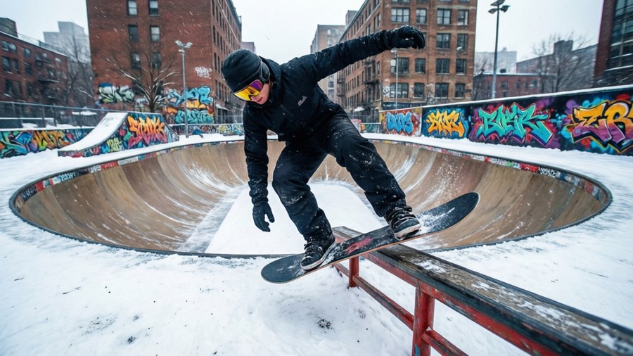 Snowboarder grinding a rail in a halfpipe