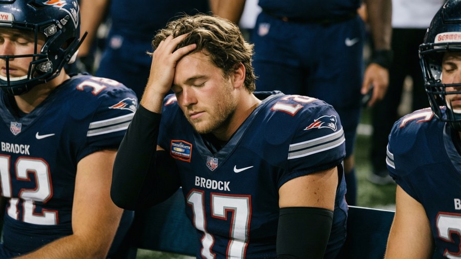 Brock Purdy resting on the bench during halftime, eyes closed, moment of peace.