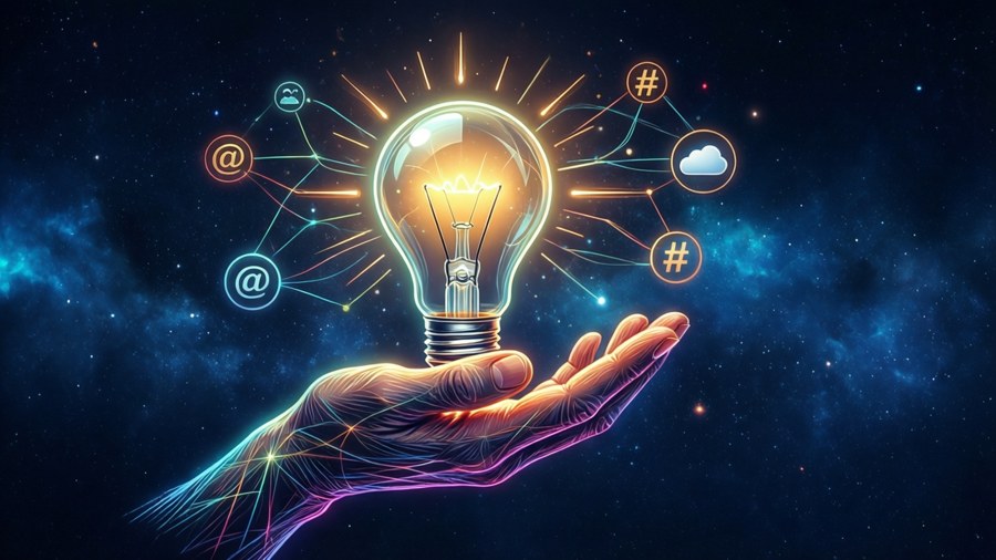 SVG of hand holding lightbulb connected to web symbols, cosmic background.
