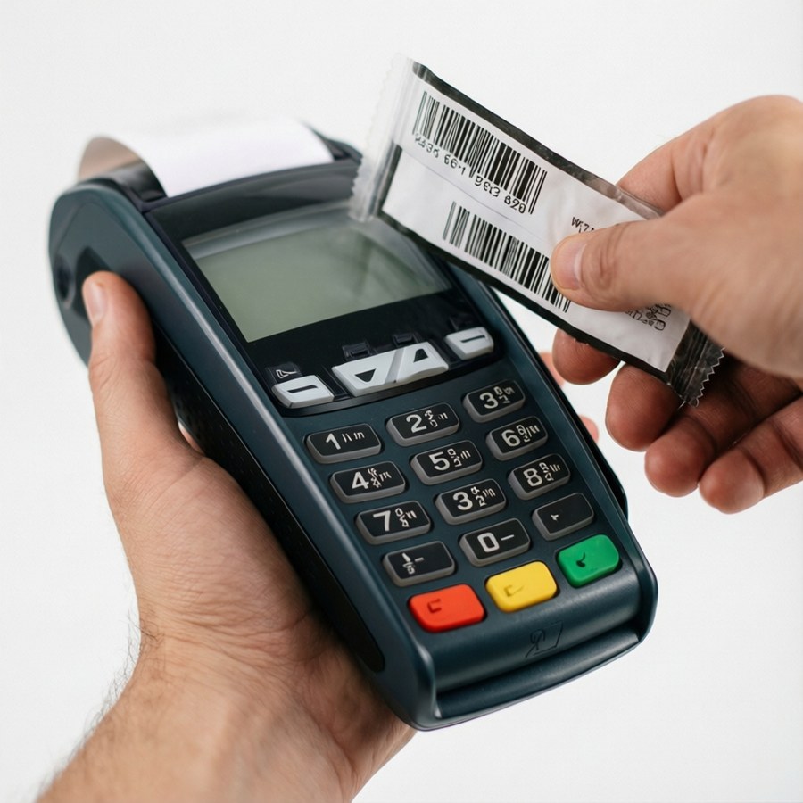 A hand holding a POS machine scanning a barcode, bright and clean.