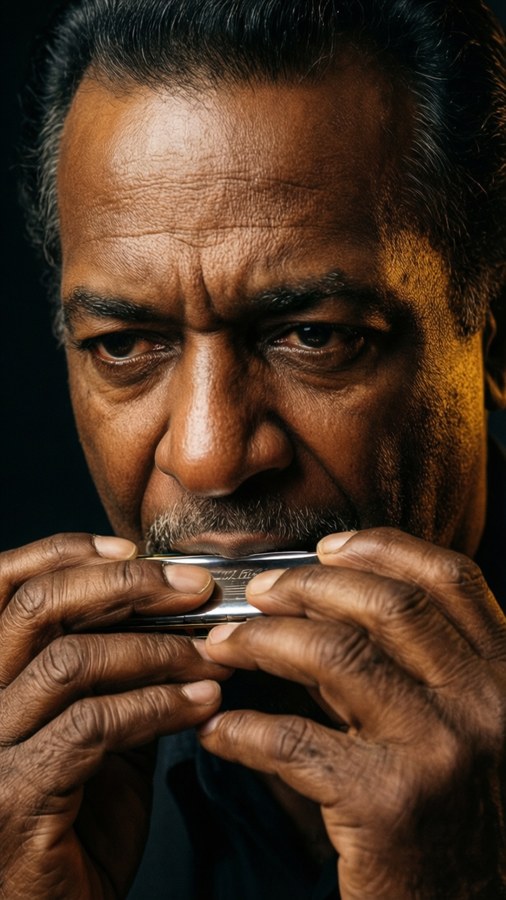 Intense close-up portrait of Little Walter playing harmonica