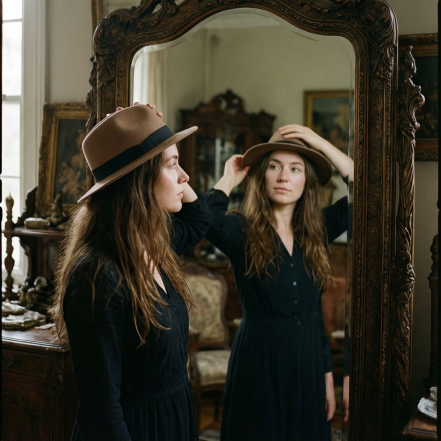 Femme ajustant son chapeau dans un miroir orné, expression sereine, pièce antique.
