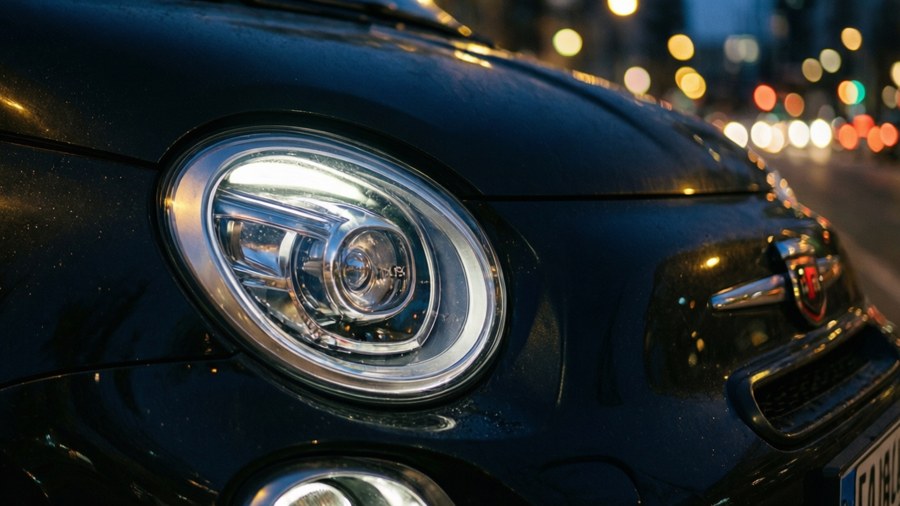 Macro shot of Abarth 695 headlight with bokeh lights