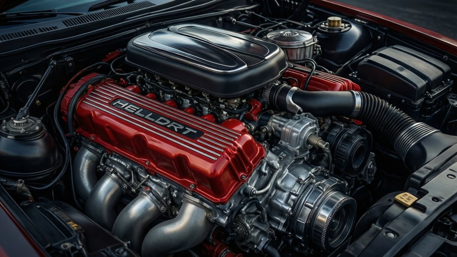 Close-up of Dodge SRT Hellcat supercharged engine