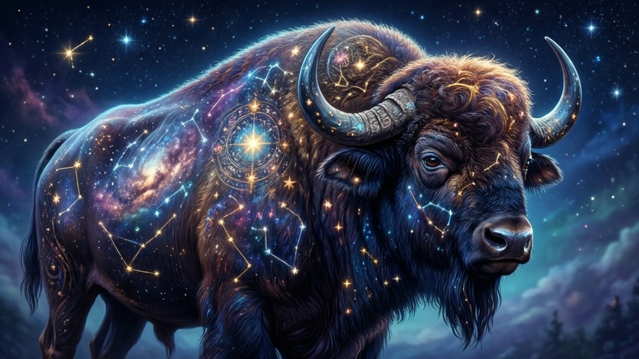 Een surrealistische buffel versierd met sterren en sterrenbeelden.