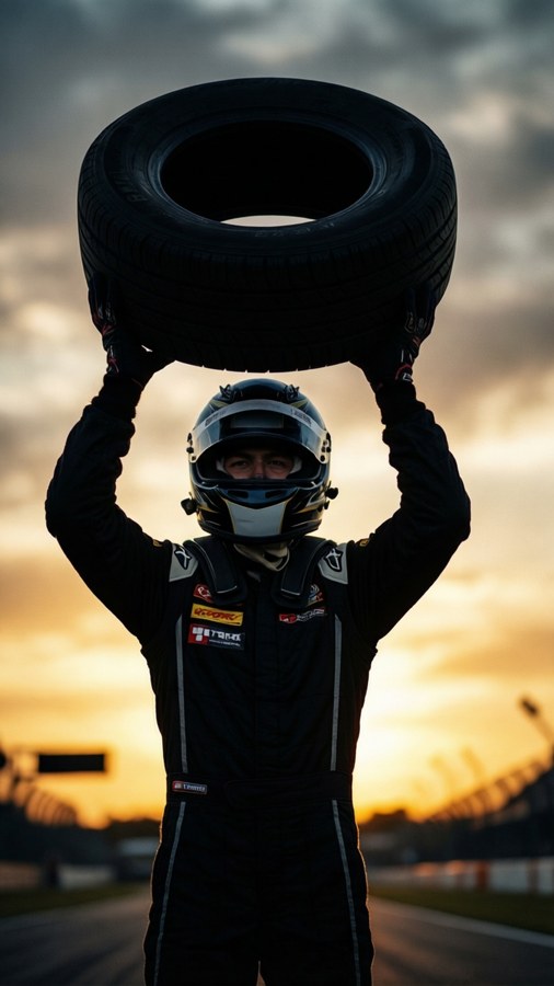 Silhouette of a pit crew member holding a tire aloft against a dramatic sunset sky