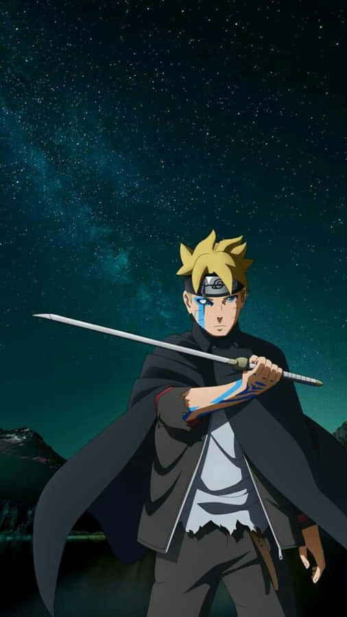 Boruto Uzumaki em Forma Borushiki Sob o Céu Noturno