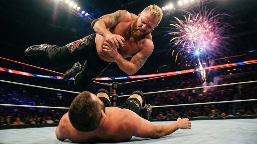 Jay Lethal leaping off the top rope for a crossbody in an action-packed moment.