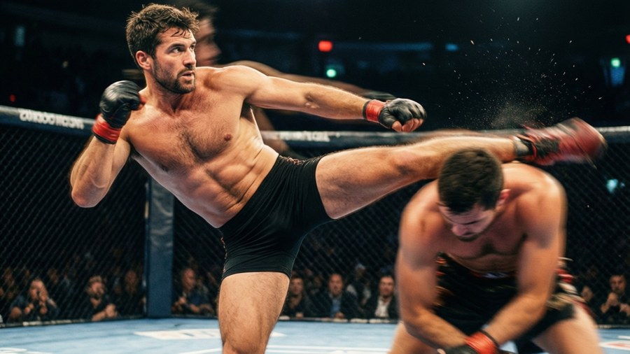 Miguel Torres executing a high kick in a match.