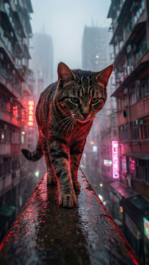 Cat carefully walking on a high ledge with dizzying view of neon city below, vertical shot.