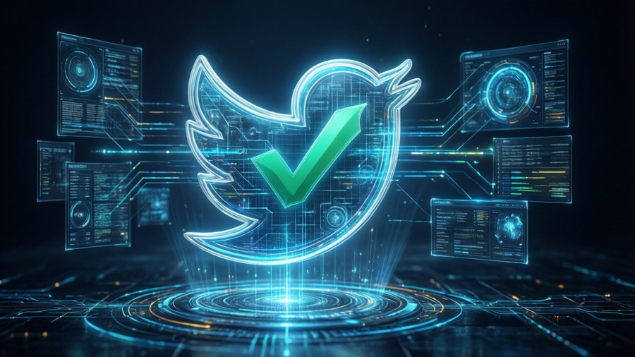 A verified badge in a futuristic holographic interface with data panels.