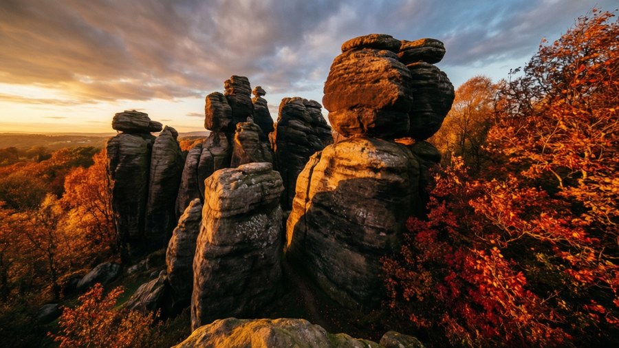 Livlig høstsceneri ved Brimham Rocks, Yorkshire.