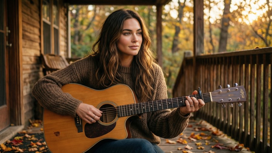 Melissa Benoist spiller gitar på en veranda om høsten