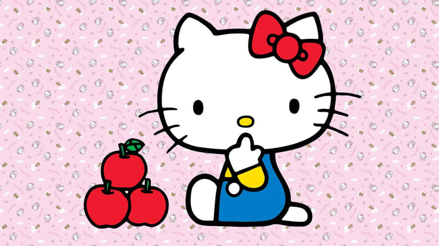 Hello Kitty mit Äpfeln auf rosa Hintergrund