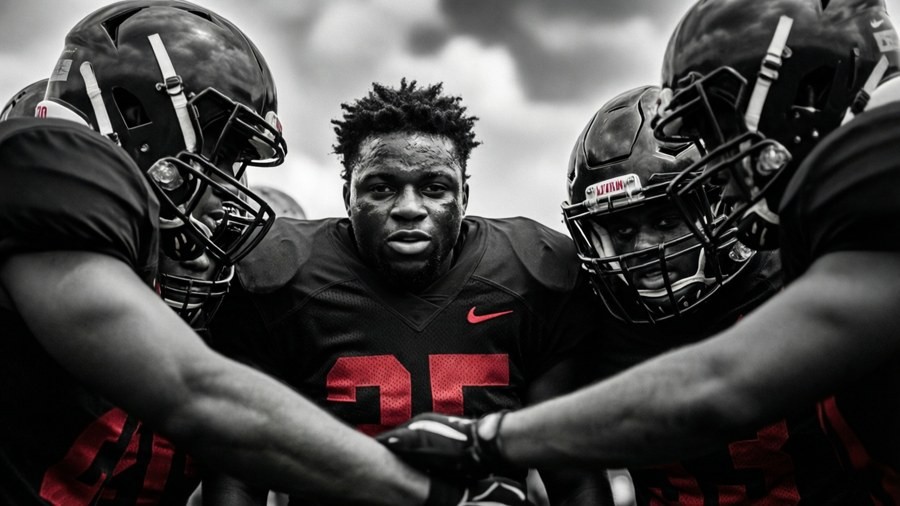 Low angle of Dre Greenlaw in a huddle, black and white with red accent.