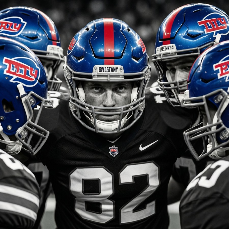 Black and white photo of Devin Singletary in a huddle with red splash, intense focus.