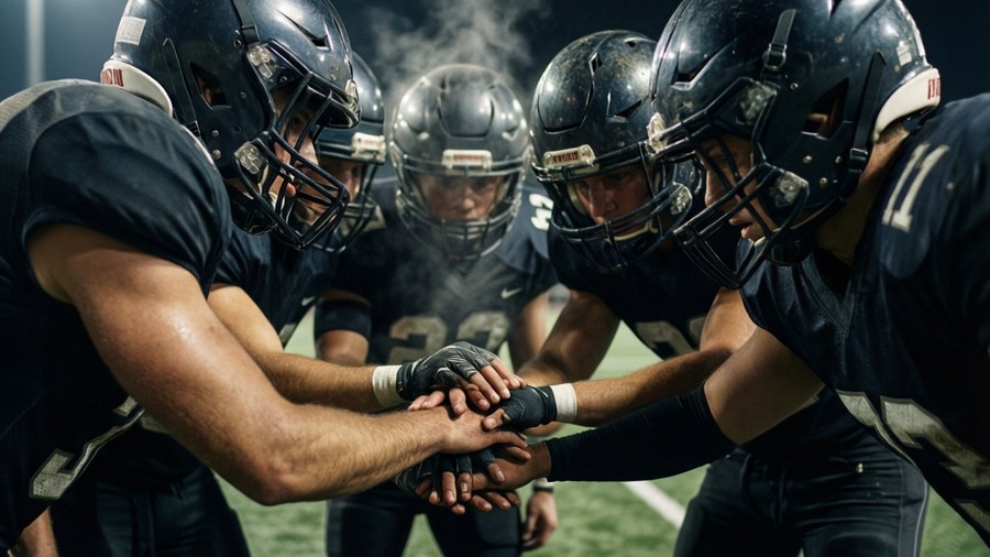 Houston Texans team huddling together before a play, focused and determined.