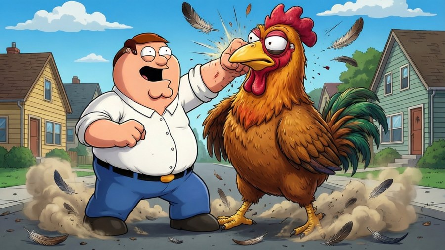 Peter Griffin in einer epischen Schlägerei mit dem Riesenhuhn.