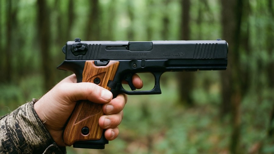 Glock 20 in forest, hunter's hand, green background.