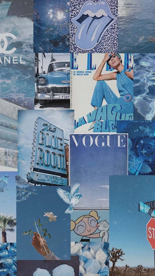 Fundode tela estético azul com colagem de imagens da Chanel e da Vogue.