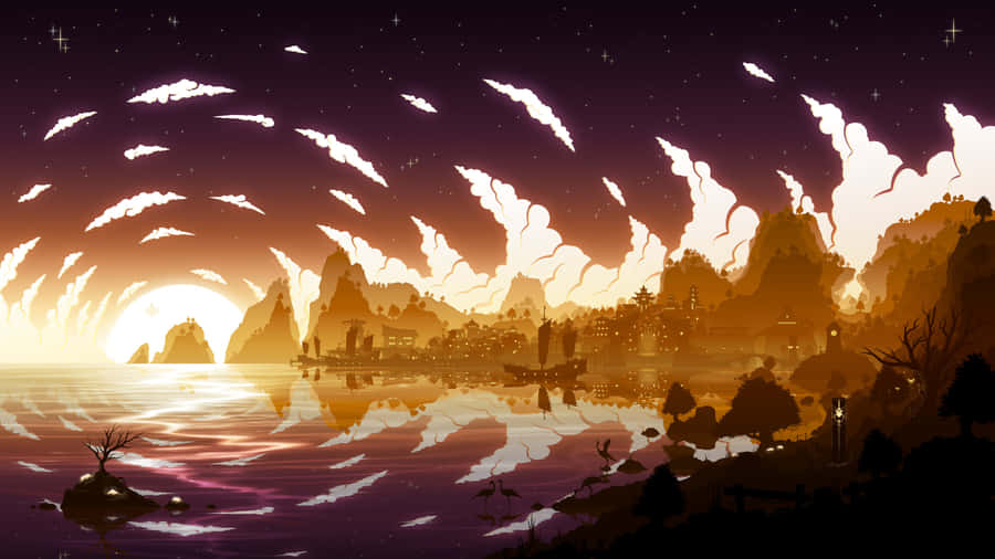 Genshin Impact Cenário Fantástico ao Pôr do Sol