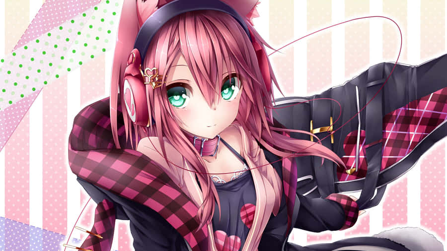 Ragazza Anime con Cuffie e Capelli Rosa