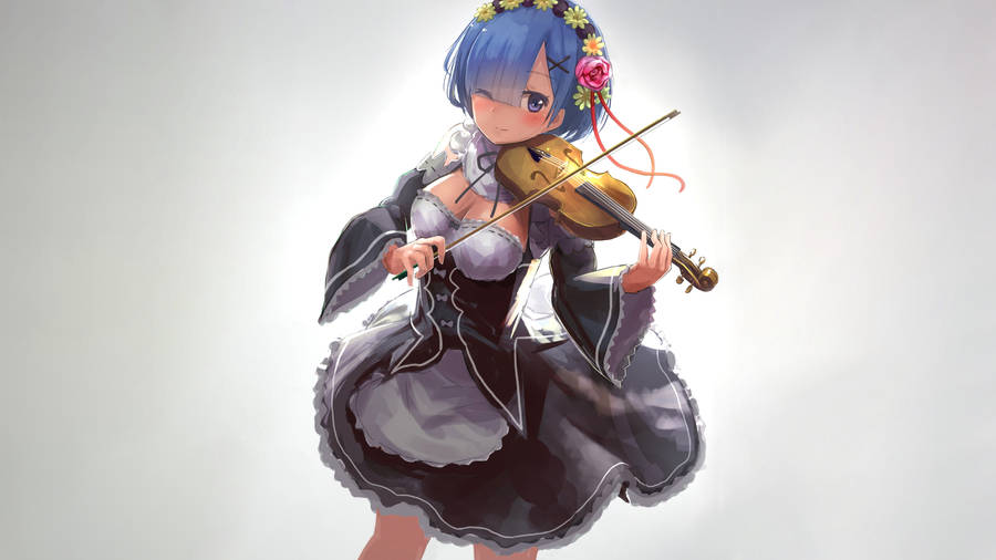 "RemPlaying Violin" would translate to "Rem spelar fiol" in Swedish. To clarify that this is related to computer or mobile wallpaper, you could add the word "bakgrundsbild" (background image). So the final sentence would be "Rem spelar fiol bakgrundsbild".