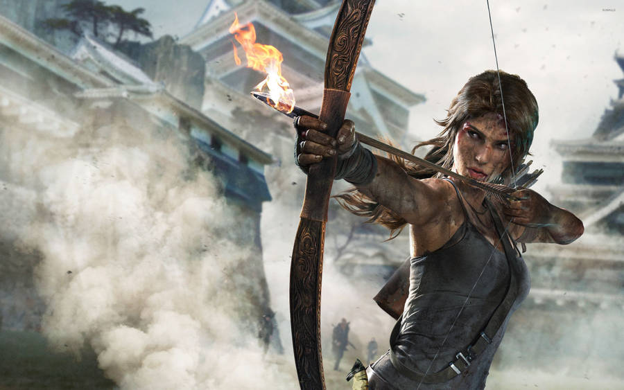 LauraCroft in Aktion, als sie im neuesten Tomb Raider-Spiel von einem Gebäudedach zum anderen springt.