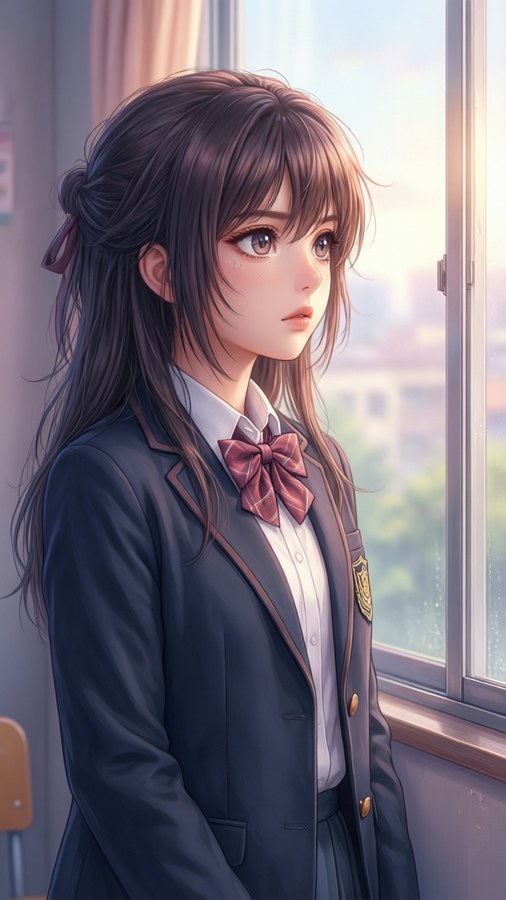 Ichika regardant par la fenêtre en uniforme scolaire.