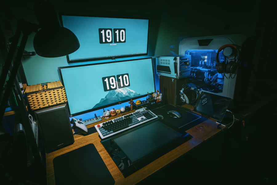 EinComputer-Schreibtisch mit zwei Monitoren und einem Computer