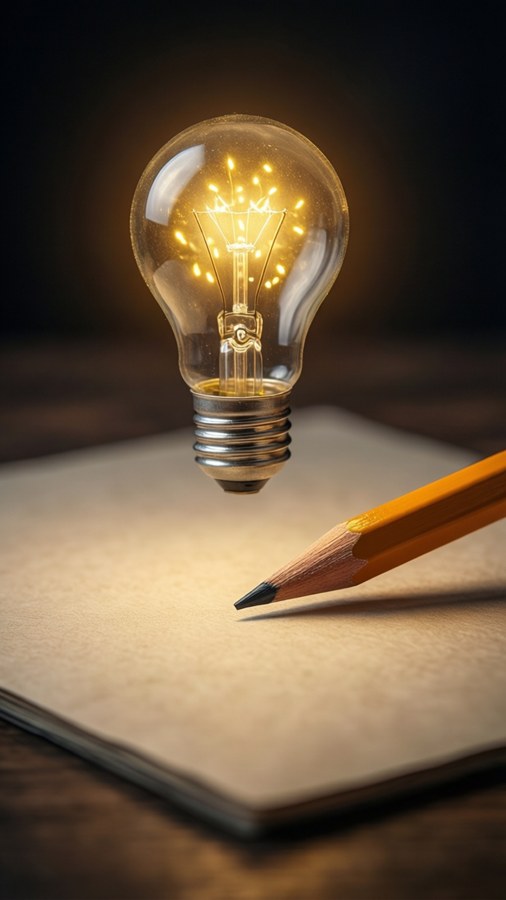 A pencil and paper with a glowing lightbulb representing an idea.