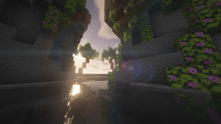 EnMinecraft scene med et vandfald og planter.
