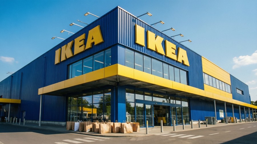 Modern IKEA butiksfasad med ikoniska blå och gula färger.