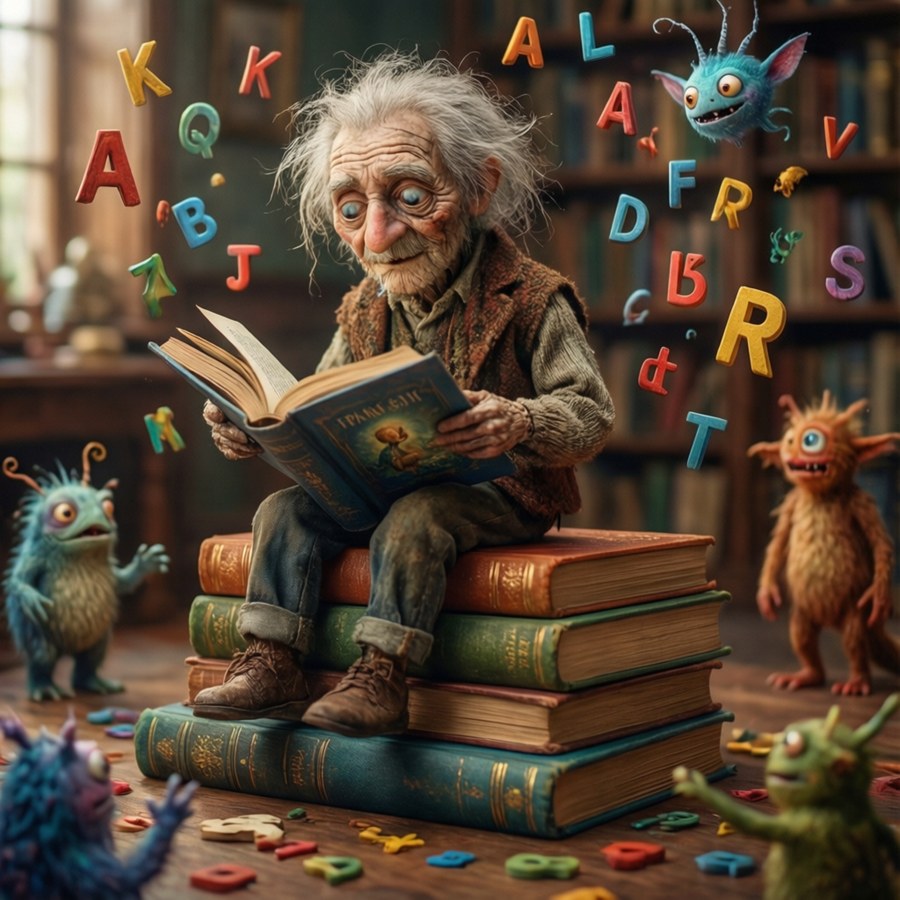 Figment reads on a pile of books in a magical library.