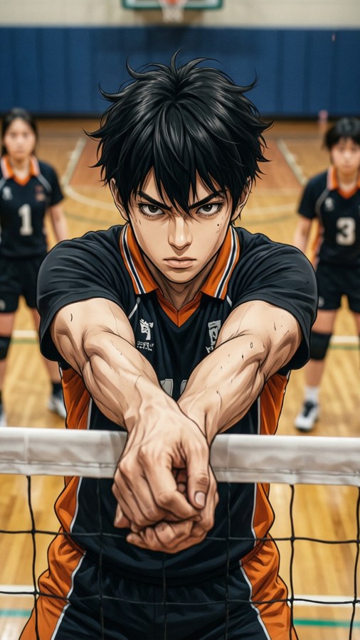 Tendo Satori executes a powerful block at the net in a bright gymnasium.