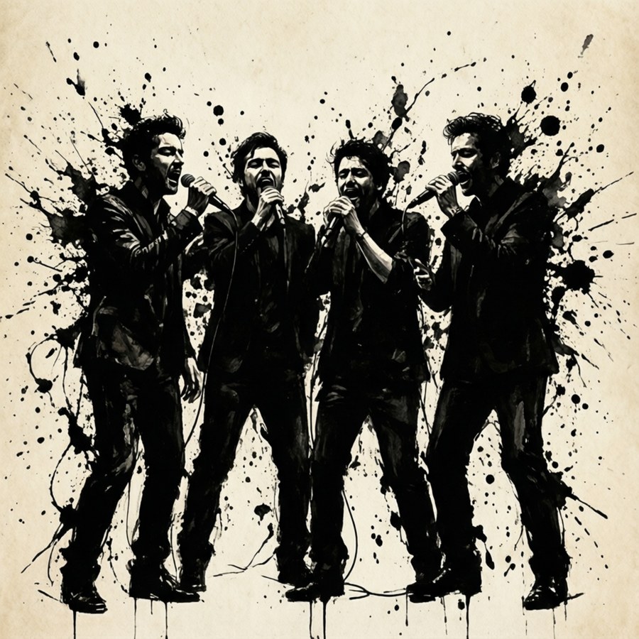 Abstract ink splashes dynamically form the silhouette of the Ink Spots.