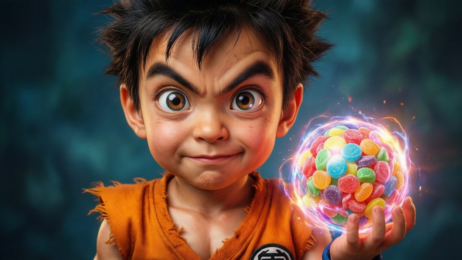 Kid Buu's childish demeanor contrasts with his deadly energy orb.