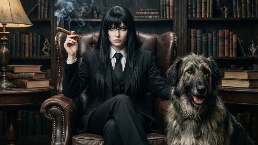 Integra Hellsing röker i ett bibliotek med sin hund, gotisk atmosfär