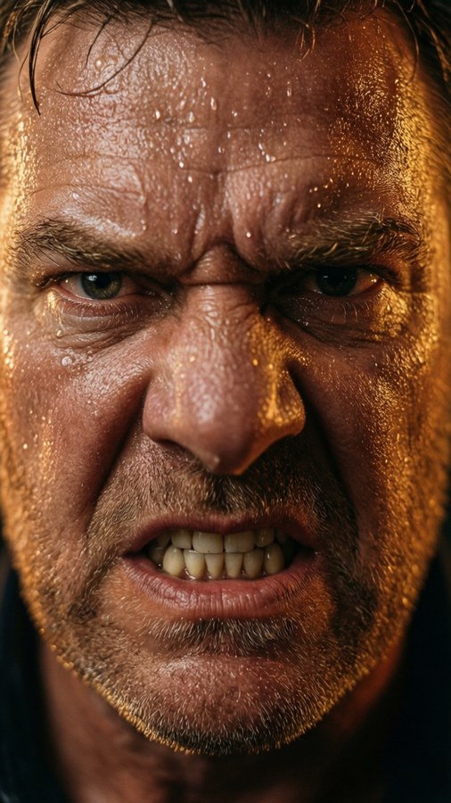 Hyper-realistic close-up of Freddie Blassie's angry, sweating face.