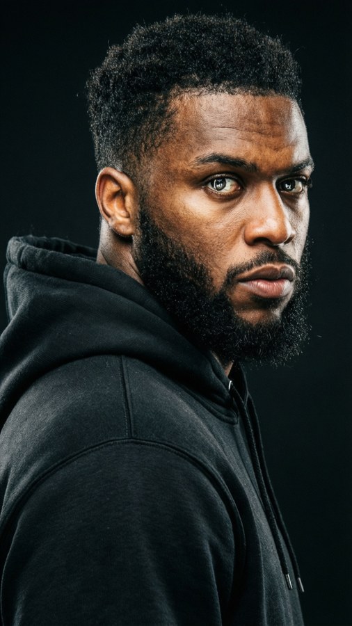 Um retrato em close-up de Zay Jones com um olhar intenso.