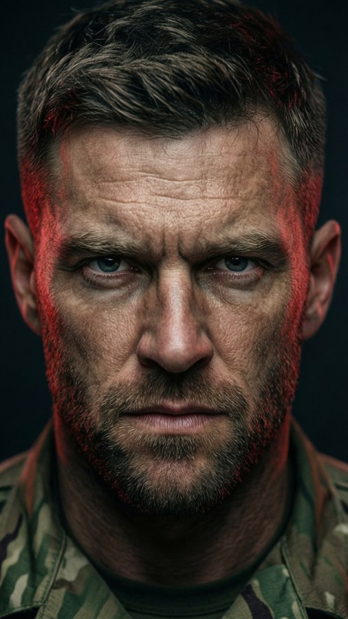 Close-up portrait of Piers Nivans with determined expression and dark moody lighting.